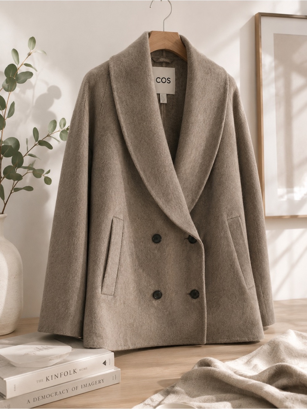 COS Taupe Double-Breasted Wool Blend Soft Coat Unlined size Large